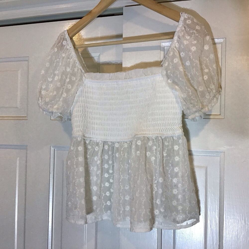 Womens Y2K Milkmaid Coquette Babydoll Top Sz M Smocked Cottage Coastal Cowgirl